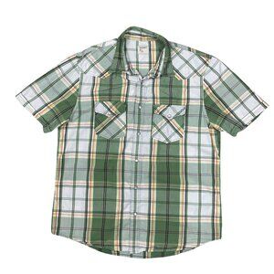 Old Navy Western Pearl Snap Short Sleeve Shirt Large Green Plaid Pockets